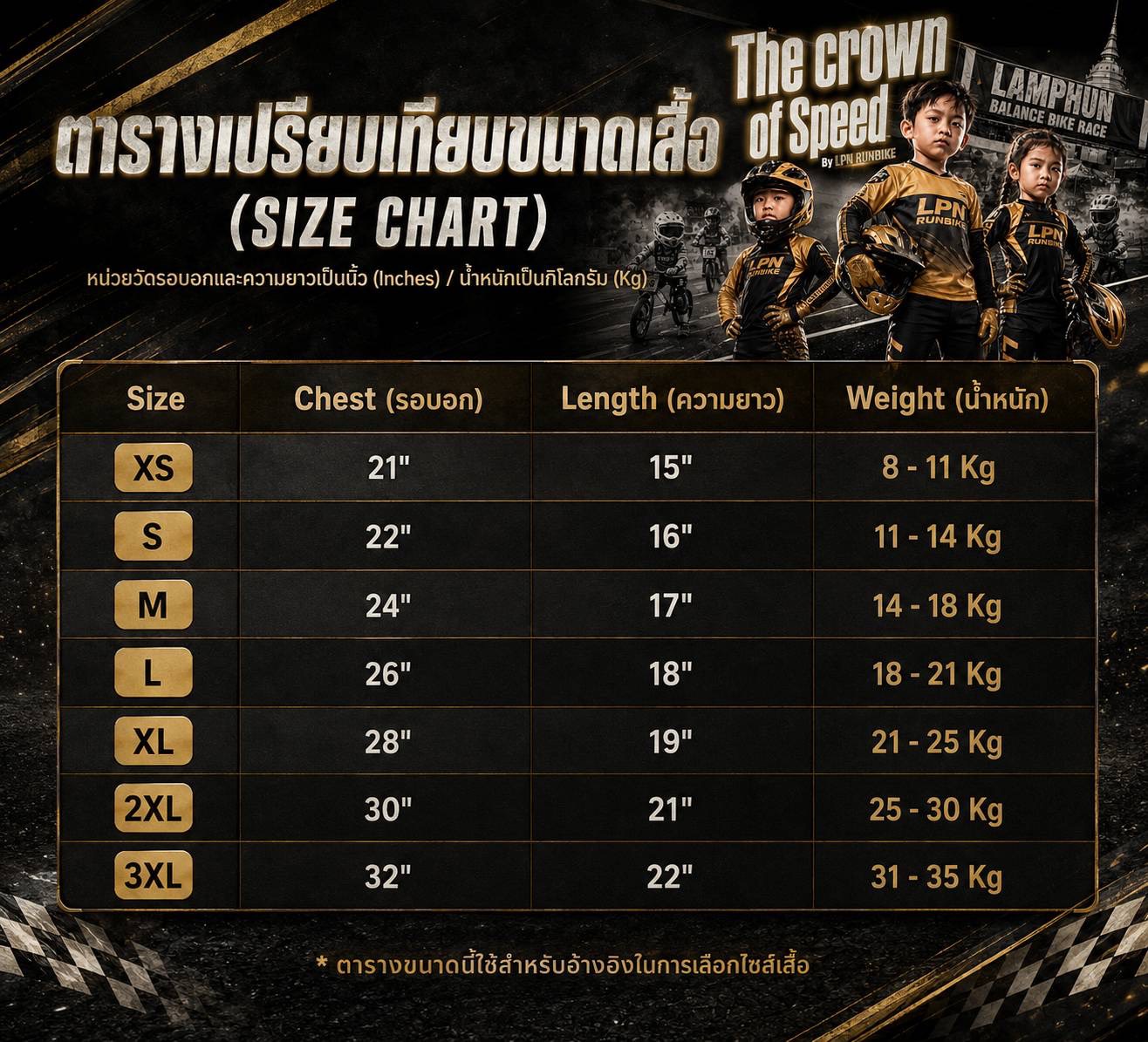 ตารางขนาดเสื้อ The Crown of Speed